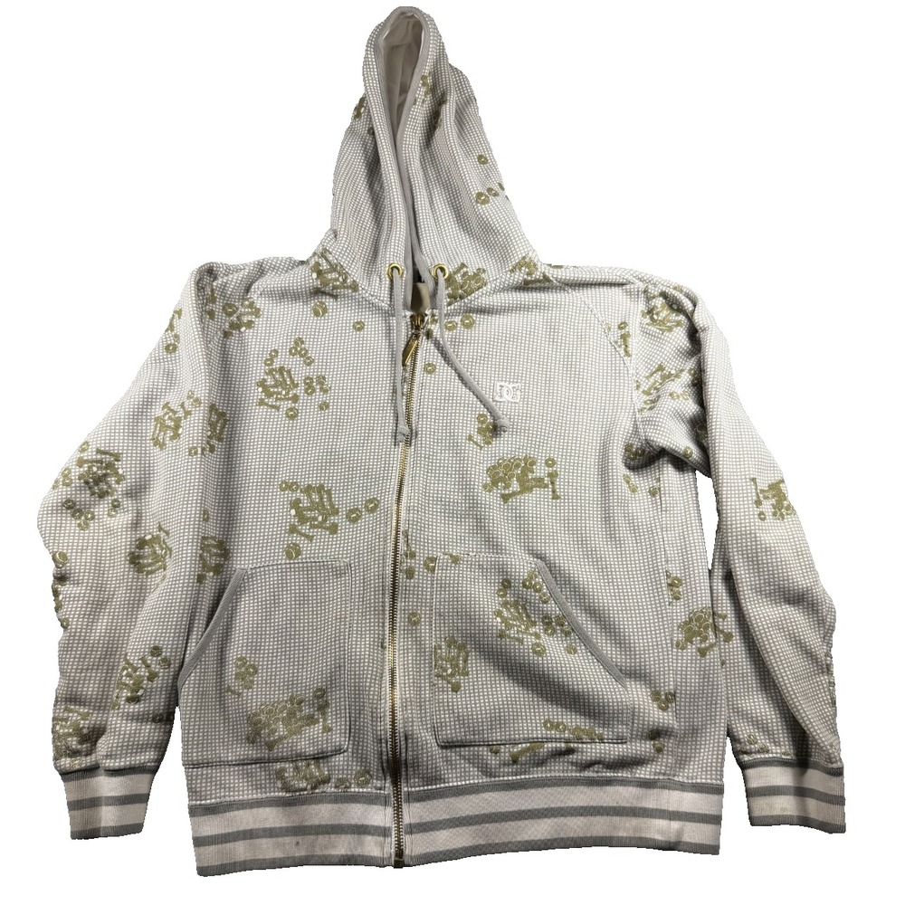 DC Shoes Hoodie Mens XL Full Zip Gray White All Over Print Skate Y2K Streetwear